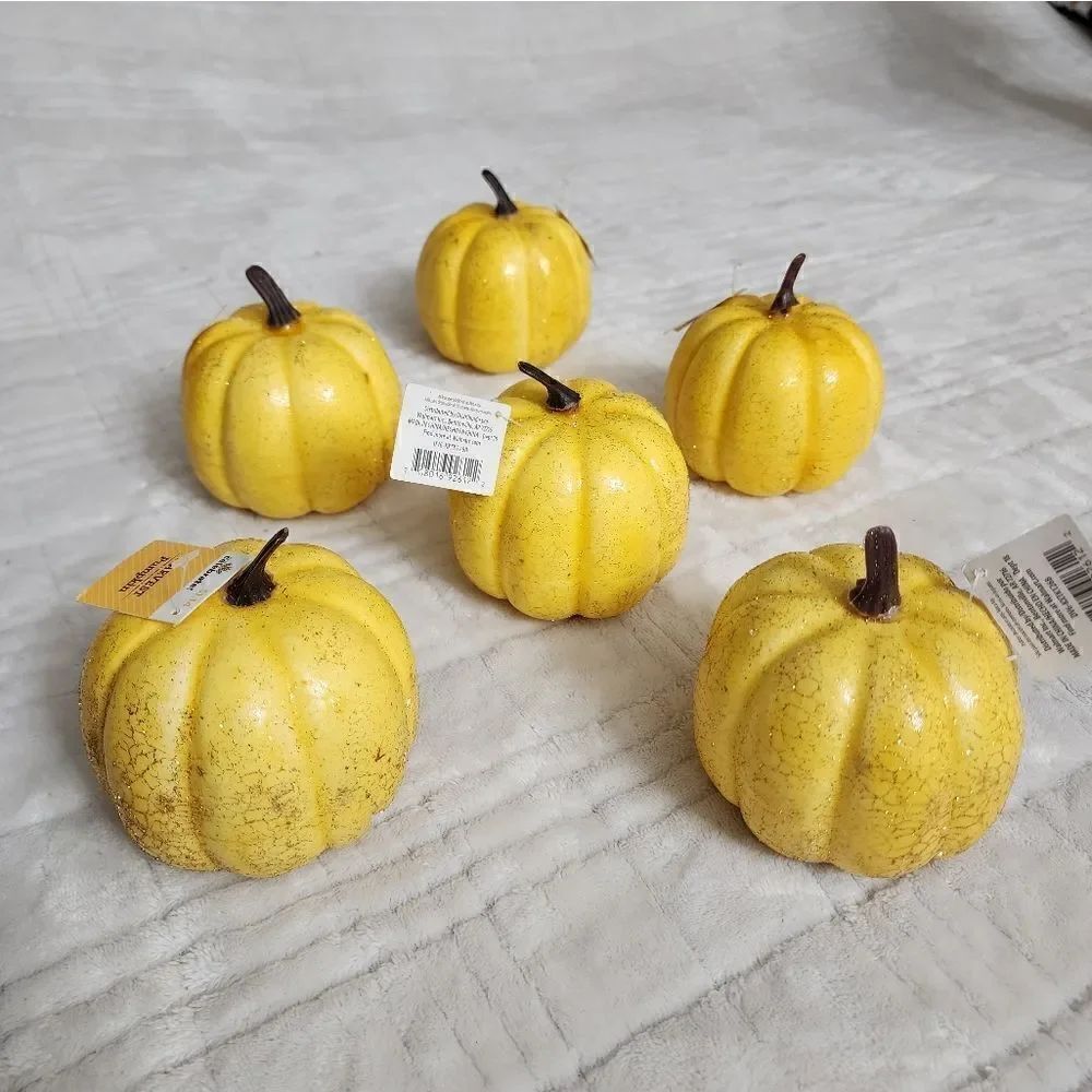 Harvest Pumpkins Gold Yellow Glitter Hallowen Thanksgiving  Décor 6pc Lot